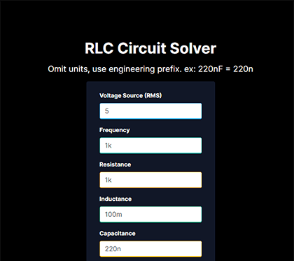 A screen capture of the simple RLC solver website